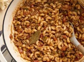 Overhead close up view of a pot of American goulash.