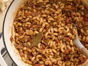 Overhead close up view of a pot of American goulash.