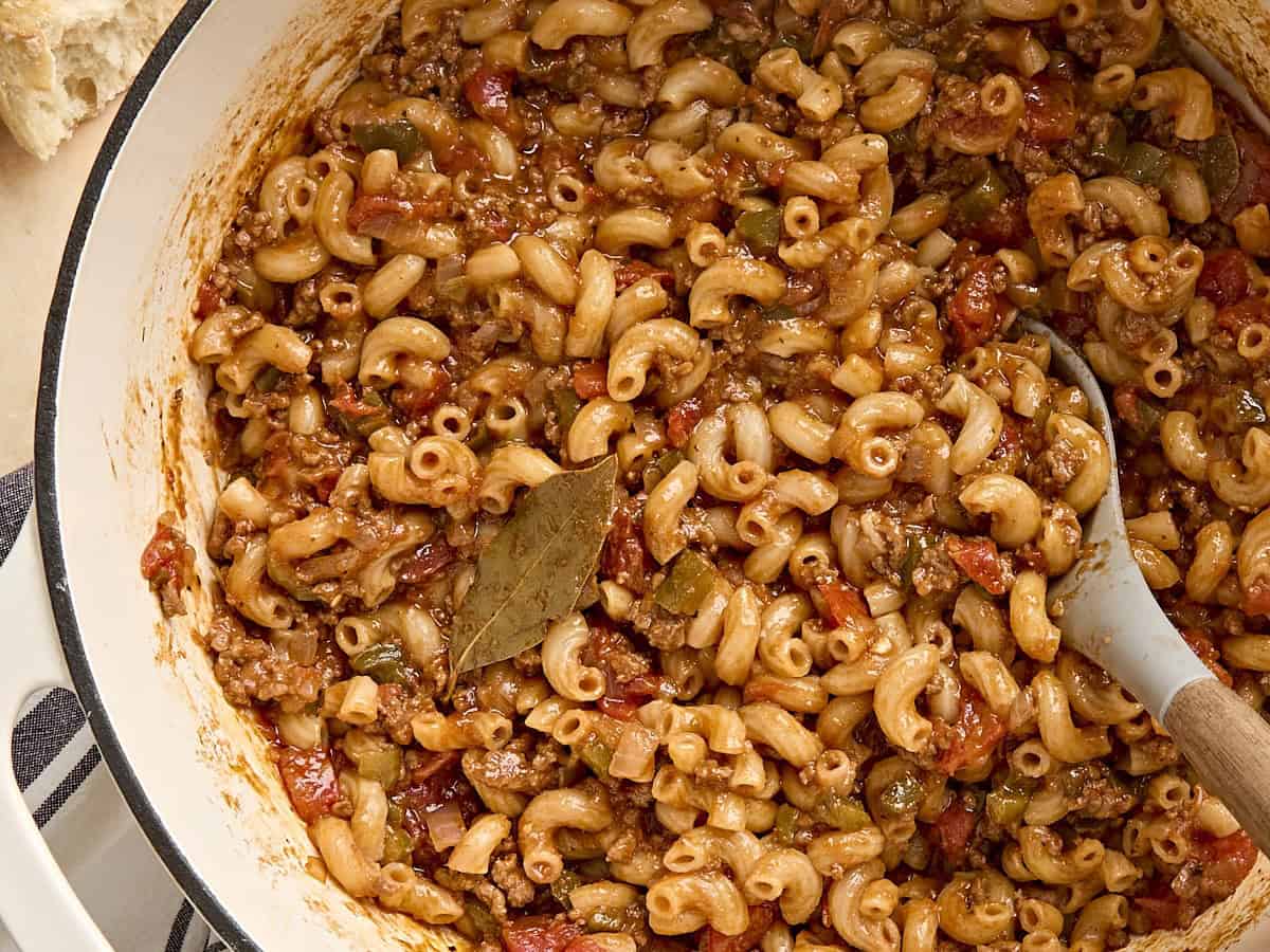 Overhead close up view of a pot of American goulash.