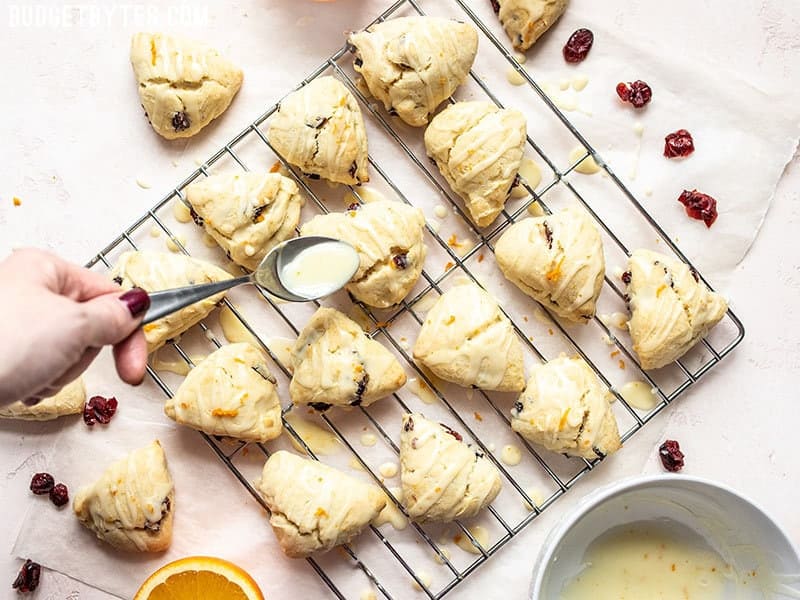 These incredibly easy cranberry orange cream scones stir together in minutes and make the most delicious little companion for your morning coffee. Budgetbytes.com Cranberry orange cream ccones being glazed.