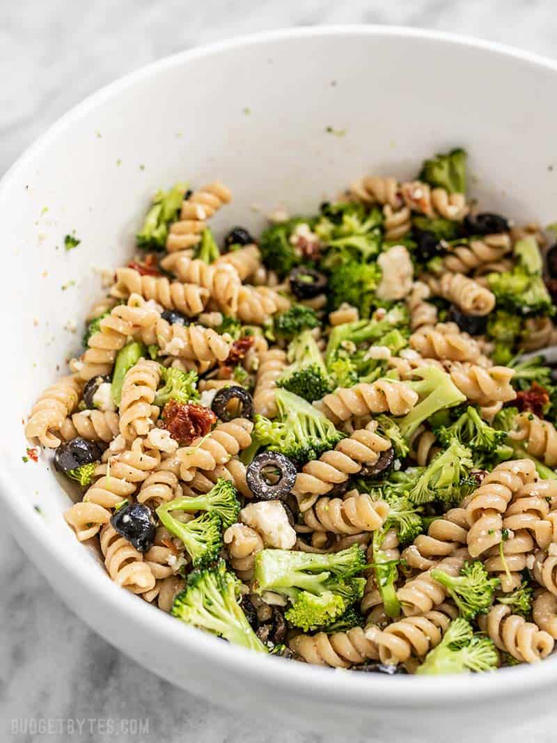 Throw together meals like this "Sweep the Kitchen" Pasta Salad are my favorite way to use up leftovers in the kitchen. Easy, versatile, and never boring! Budgetbytes.com Side view of a bowl of Sweep the Kitchen Pasta Salad