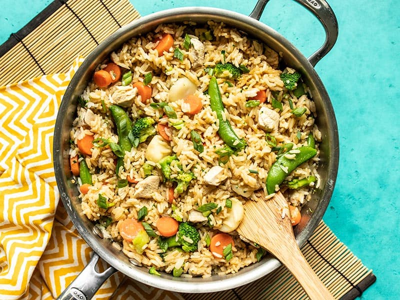 This One Pot Teriyaki Chicken and Rice is an easy and satisfying meal that the whole family will love. It also meal preps well for lunches all week! Budgetbytes.com Finished One Pot Teriyaki Chicken and Rice ready for serving