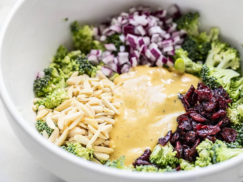 This crunchy, sweet, tangy, and creamy Honey Mustard Broccoli Salad only takes minutes to makes the perfect summer side dish. BudgetBytes.com Close up side view of the Honey Mustard Broccoli Salad ingredients in the bowl before they are mixed.