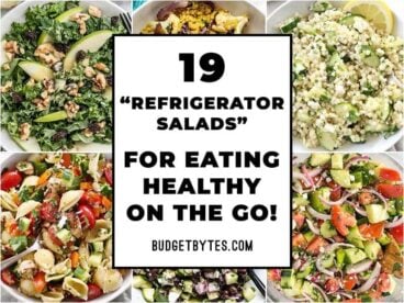 Collage of six salads with title text in a box in the center.