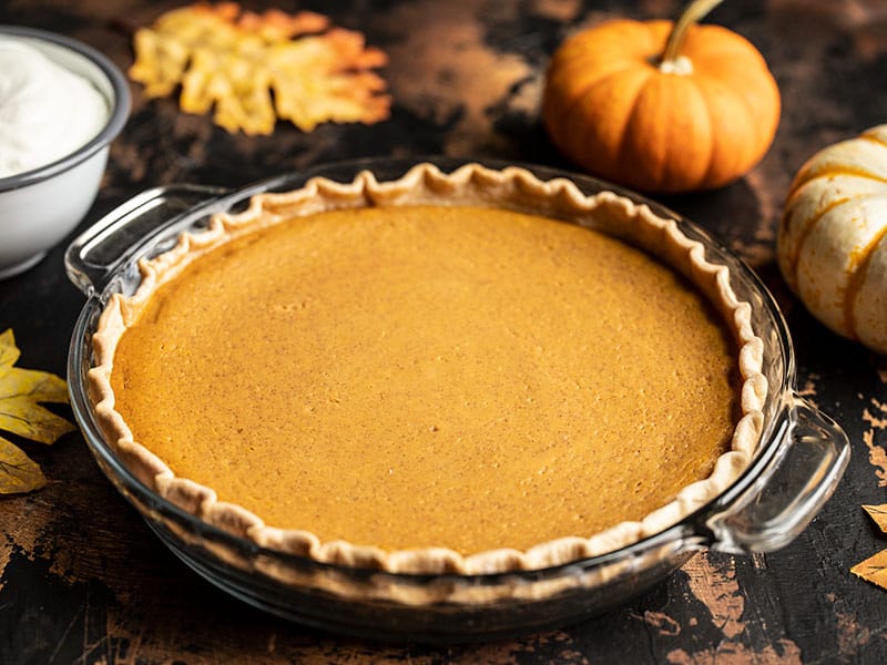 This Maple Brown Butter Pumpkin Pie is the perfect special touch for your Thanksgiving dinner, without adding a lot of extra work or unusual ingredients. BudgetBytes.com Baked Maple Brown Butter Pumpkin Pie with mini pumpkins in the background