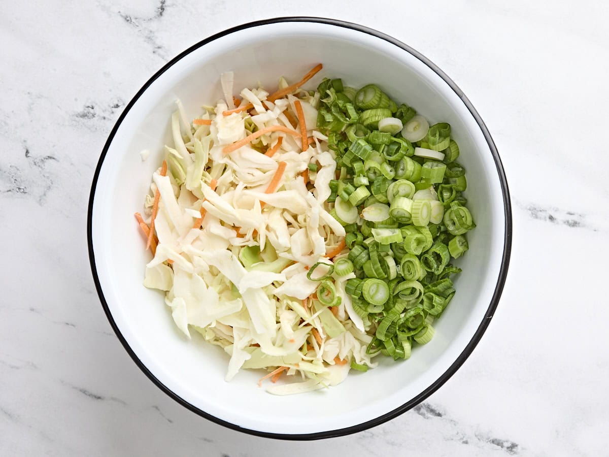 Coleslaw mix with green onions in a bowl.