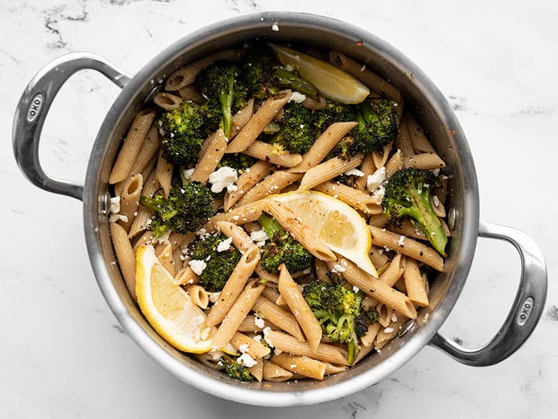 Roasted Broccoli Pasta with Lemon and Feta is an incredibly simple pasta dish with big flavors. An easy, fast, and delicious weeknight dinner! BudgetBytes.com Finished pot of roasted broccoli pasta with lemon and feta