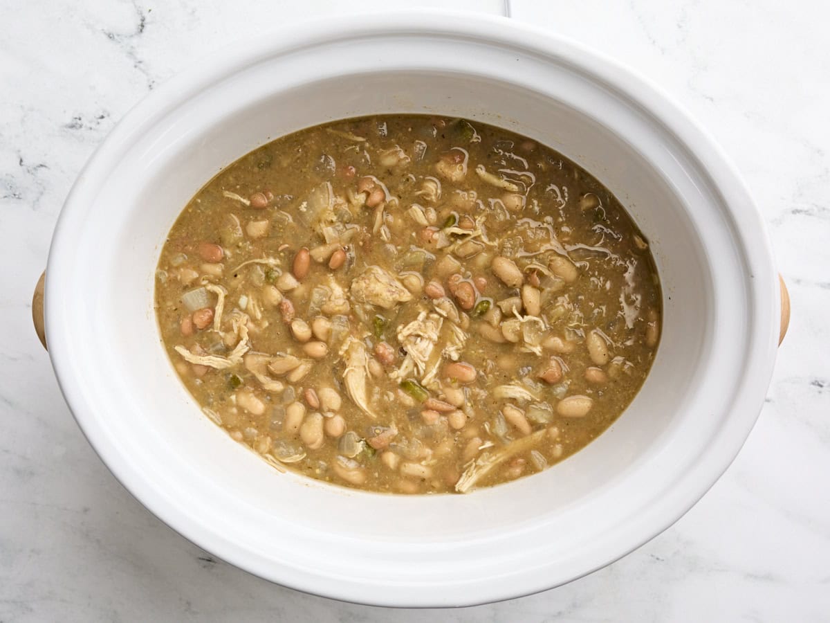 Finished slow cooker white chicken chili in a crockpot.