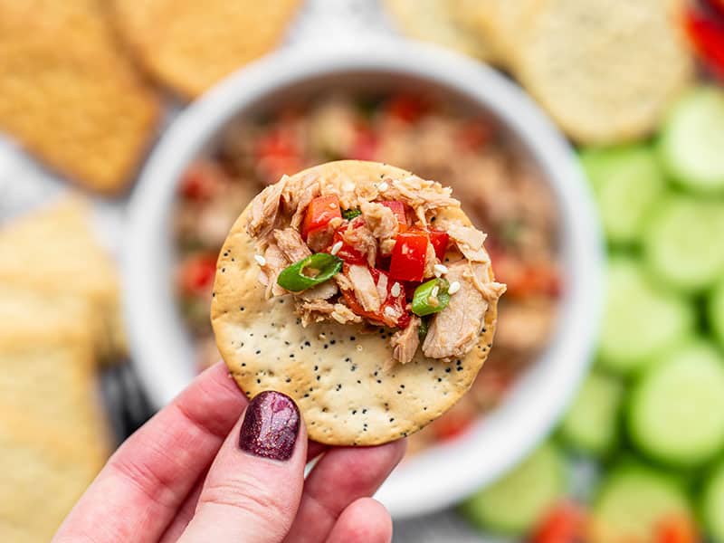 This fun spin on canned tuna is savory, sweet, and nutty. Sesame Tuna Salad is great on crackers, sliced cucumber, in lettuce wraps, or on salad greens. BudgetBytes.com A cracker topped with sesame tuna salad held close to the camera