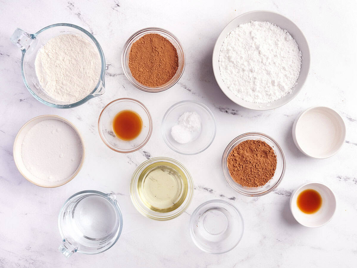 Overhead view of the ingredients for chocolate depression cake.