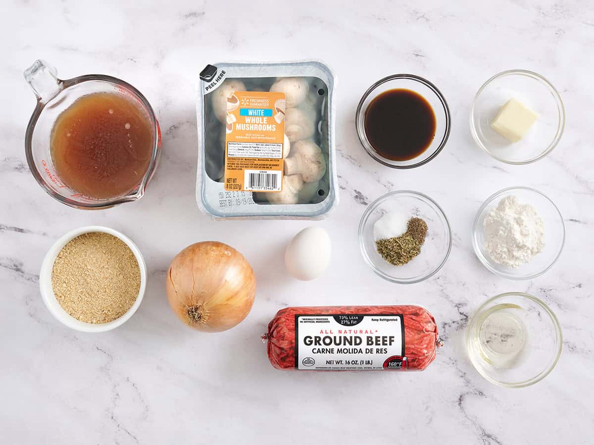 The ingredients to make a Salisbury steak with mushroom gravy.
