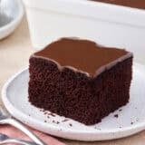 Side view of a slice of chocolate depression cake on a plate.