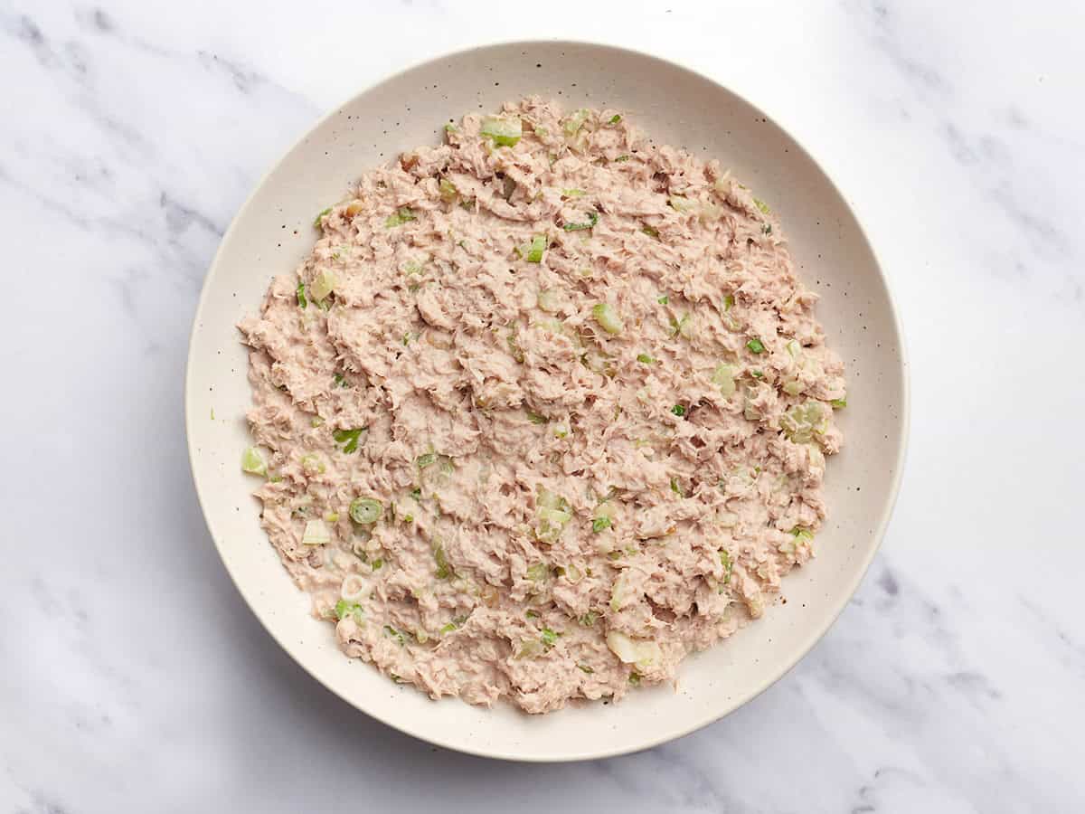 Homemade tuna salad recipe in a bowl.