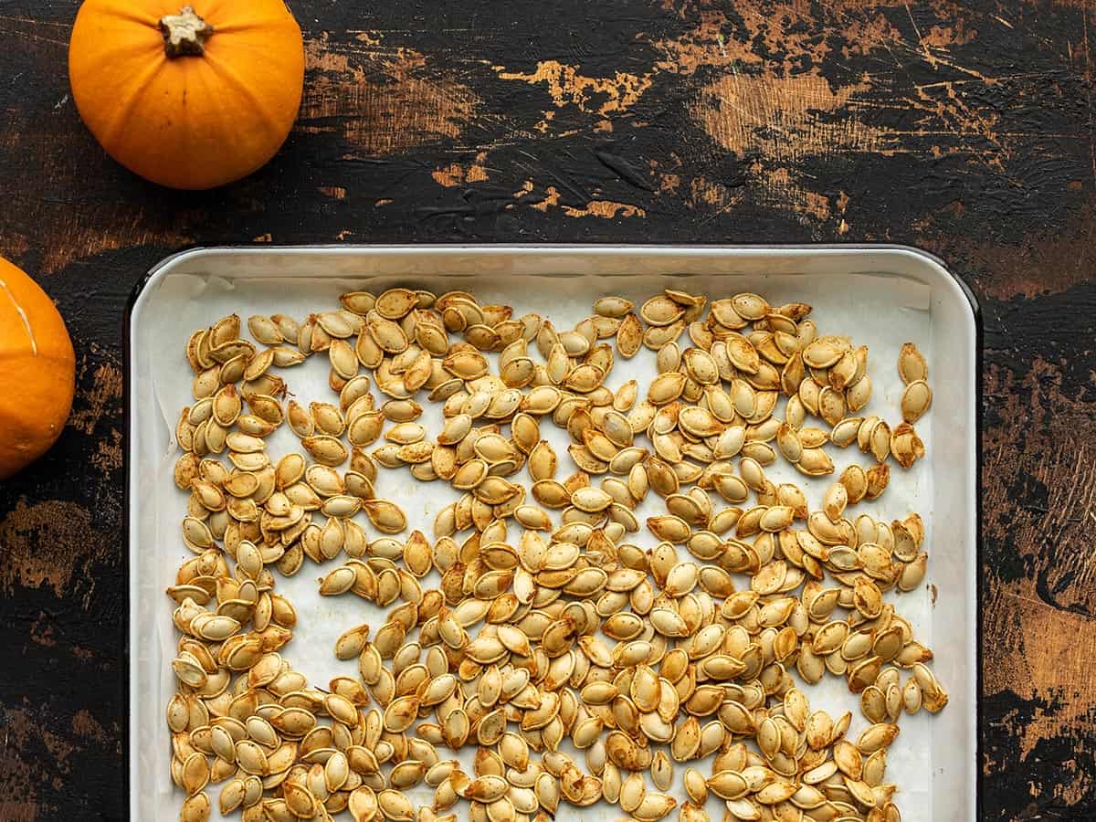 Roasted pumpkin seeds are an easy and deliciously crunchy byproduct of pumpkin carving. A fast, easy, and tasty fall treat! Budgetbytes.com Overhead view of a white sheet pan full of roasted pumpkin seeds.