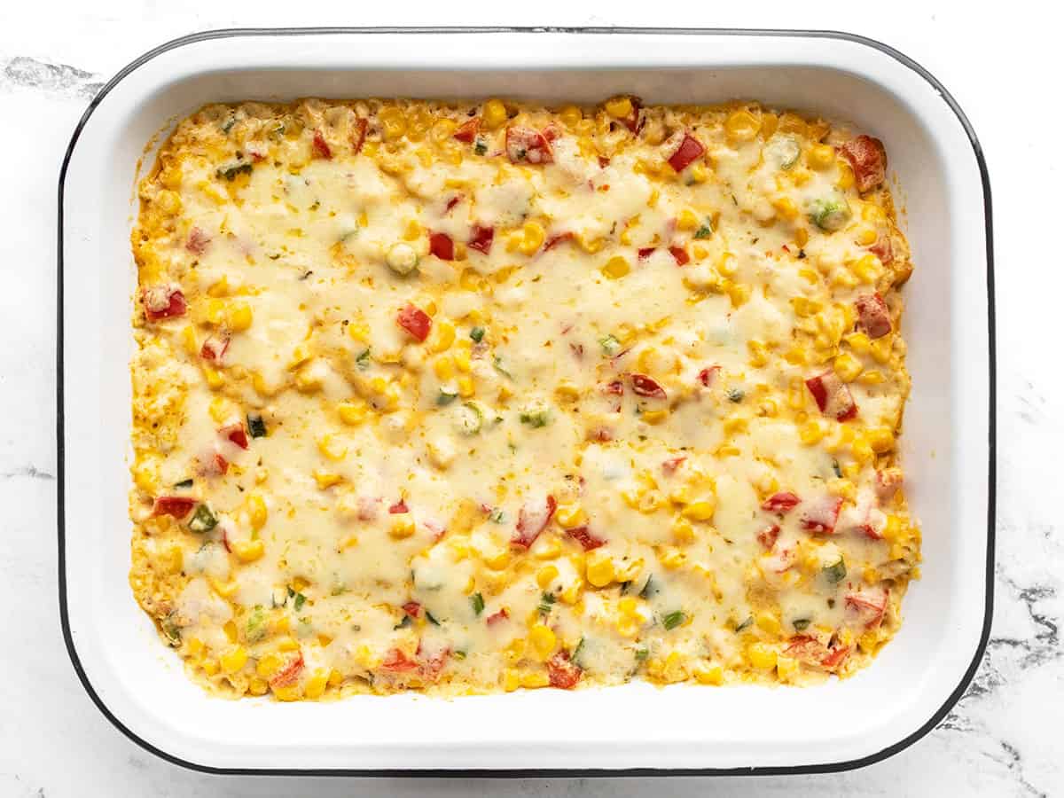 Baked hot corn dip in the baking dish