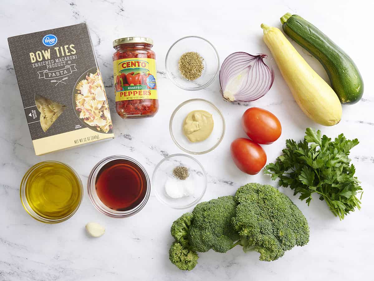 The ingredients to make a summer pasta salad.