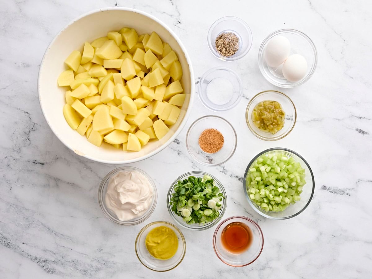 The ingredients to make a Southern style potato salad.