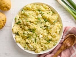 Overhead view of a bowl of Southern style potato salad.