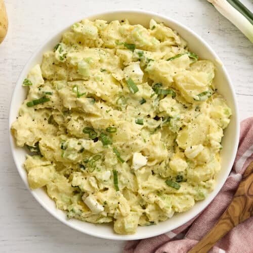Overhead view of a bowl of Southern style potato salad.