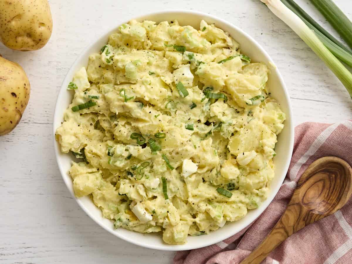 Overhead view of a bowl of Southern style potato salad.