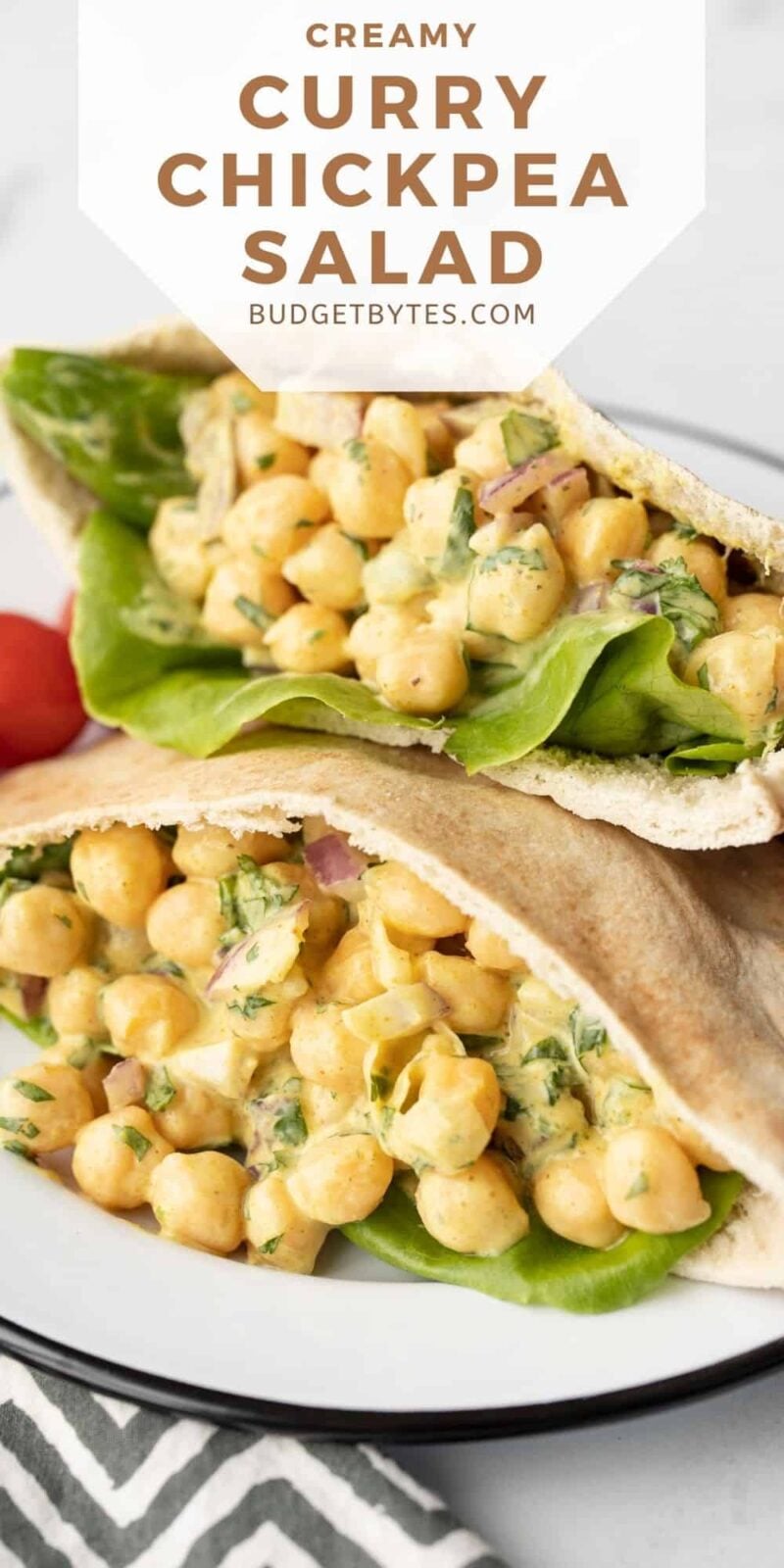 Curry chickpea salad in two pita pockets, title text at the top