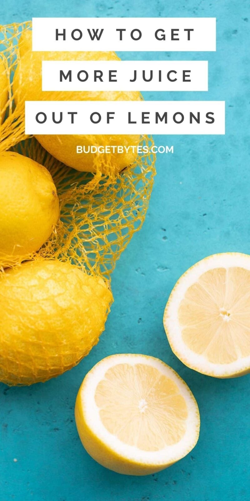 Fresh lemons on a blue background, title text at the top