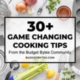 Overhead view of cooking utensils for game changing cooking tips.