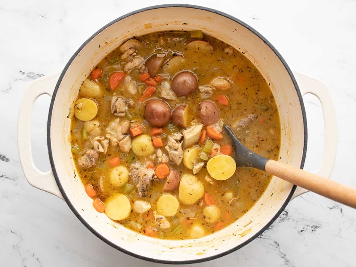 Simmered chicken stew in the pot.