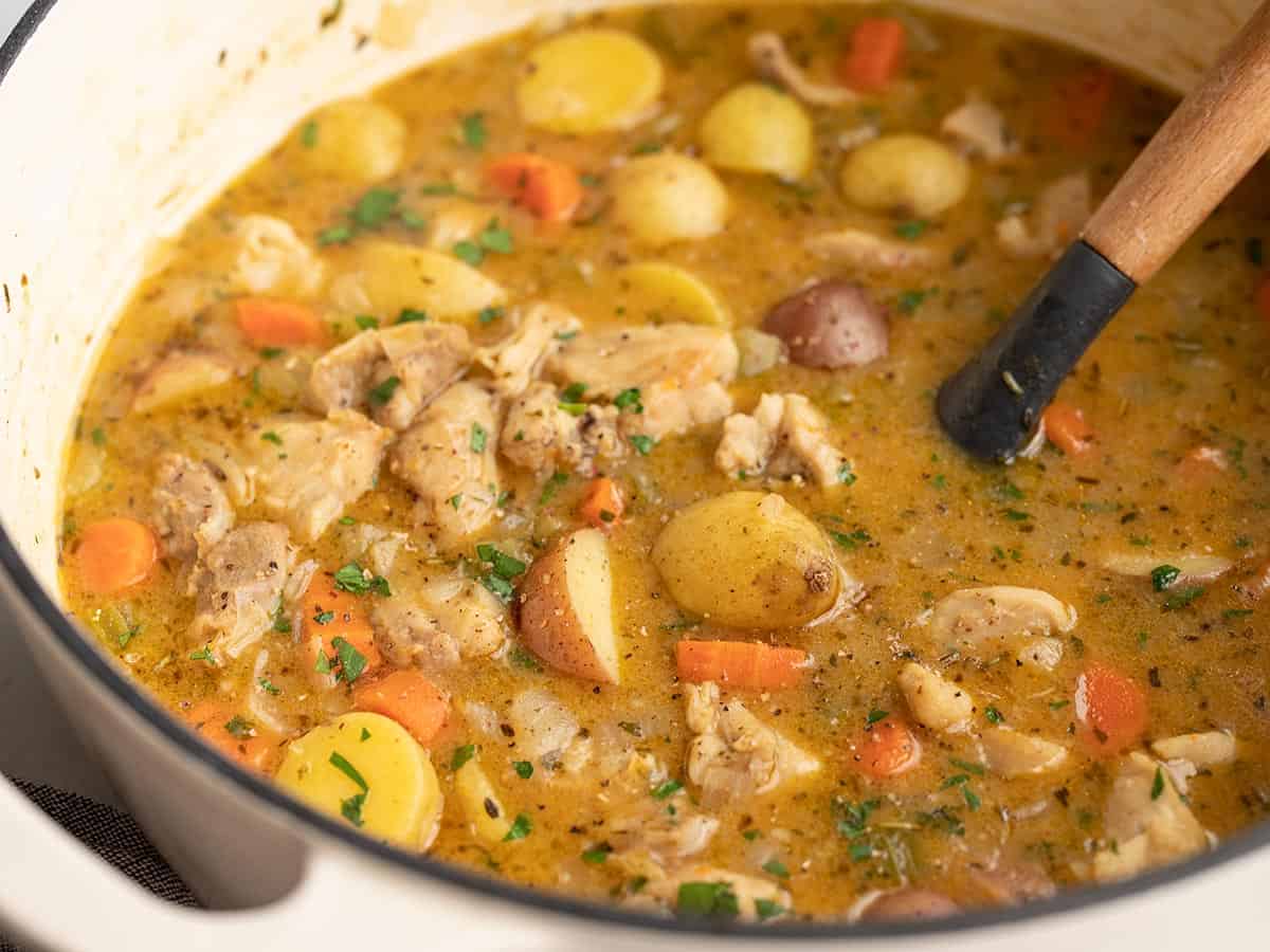 Close up side view of chicken stew in the pot.