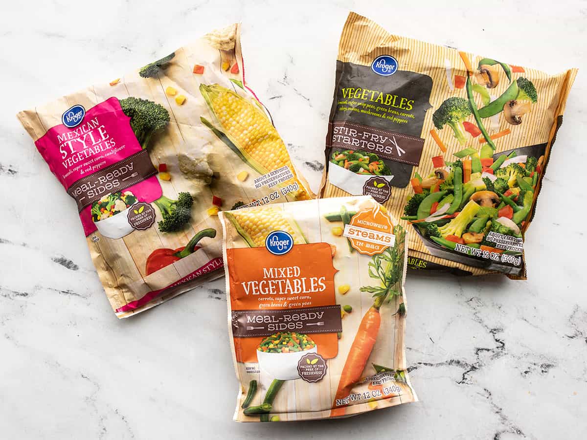 Three bags of frozen vegetable mixes