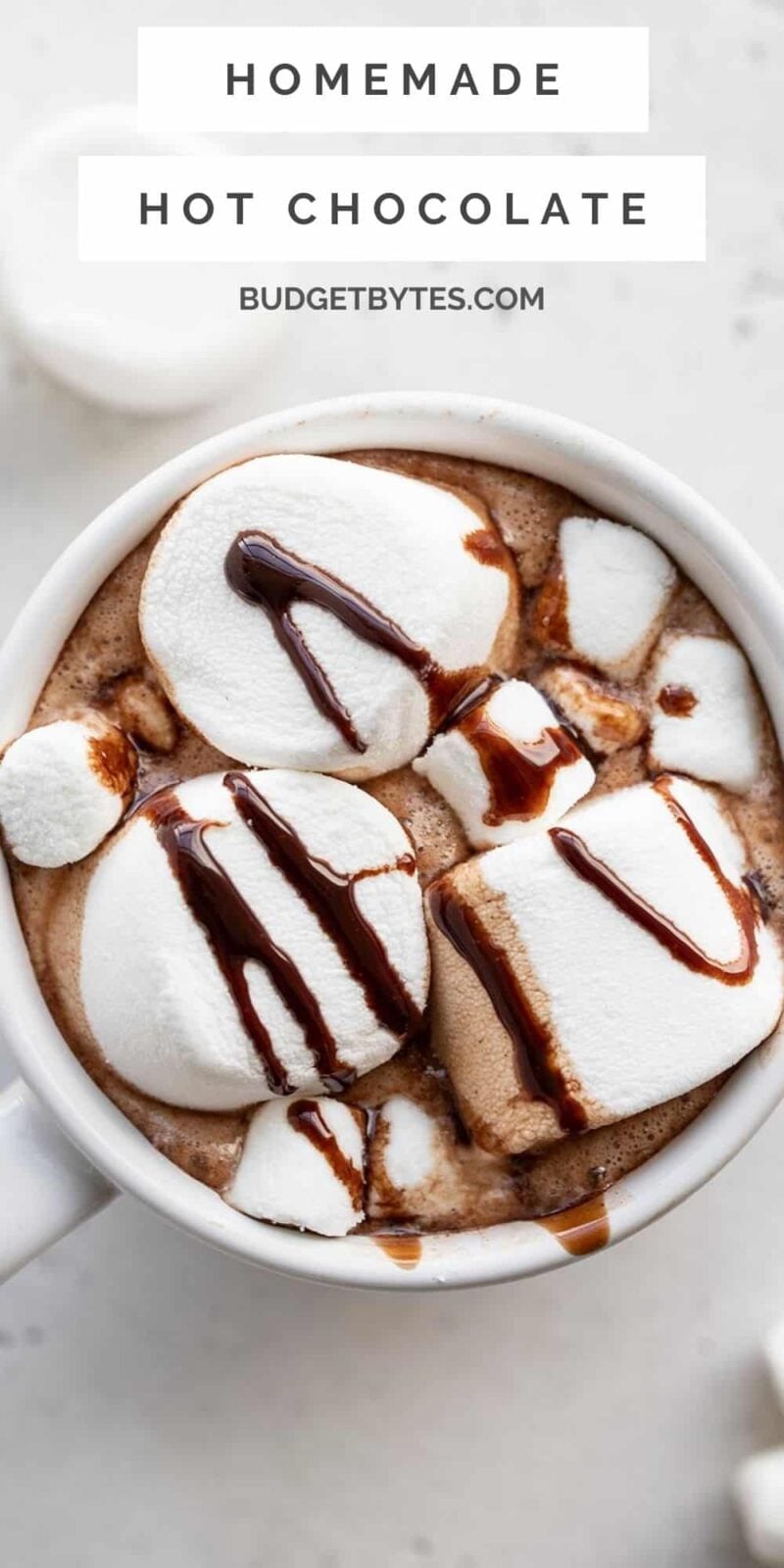 close up overhead view of a mug of hot chocolate with marshmallows, title text at the top