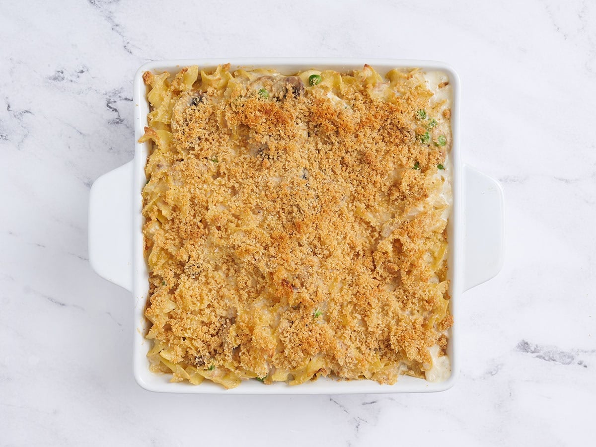 Freshly baked tuna casserole in a casserole dish.