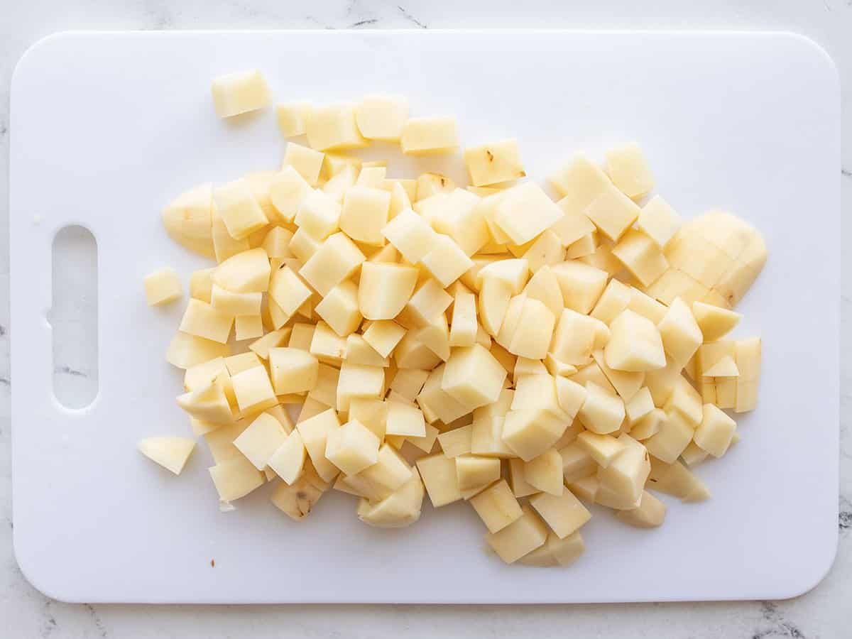 Diced Potatoes on a cutting board