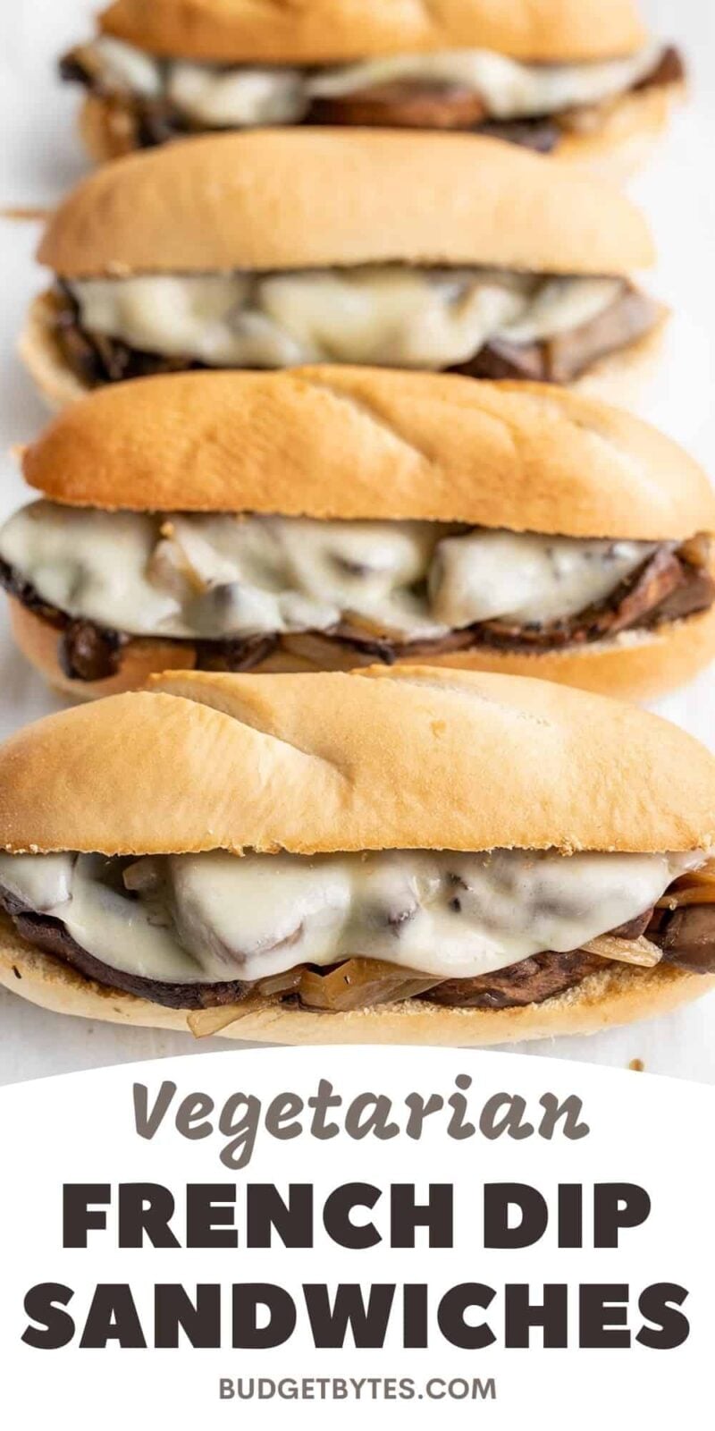 Close up front view of vegetarian French Dip Sandwiches.