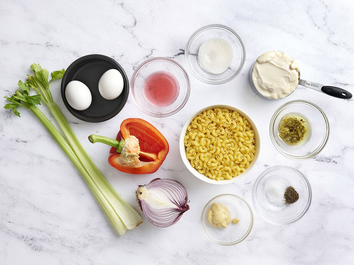 The ingredients for macaroni salad.