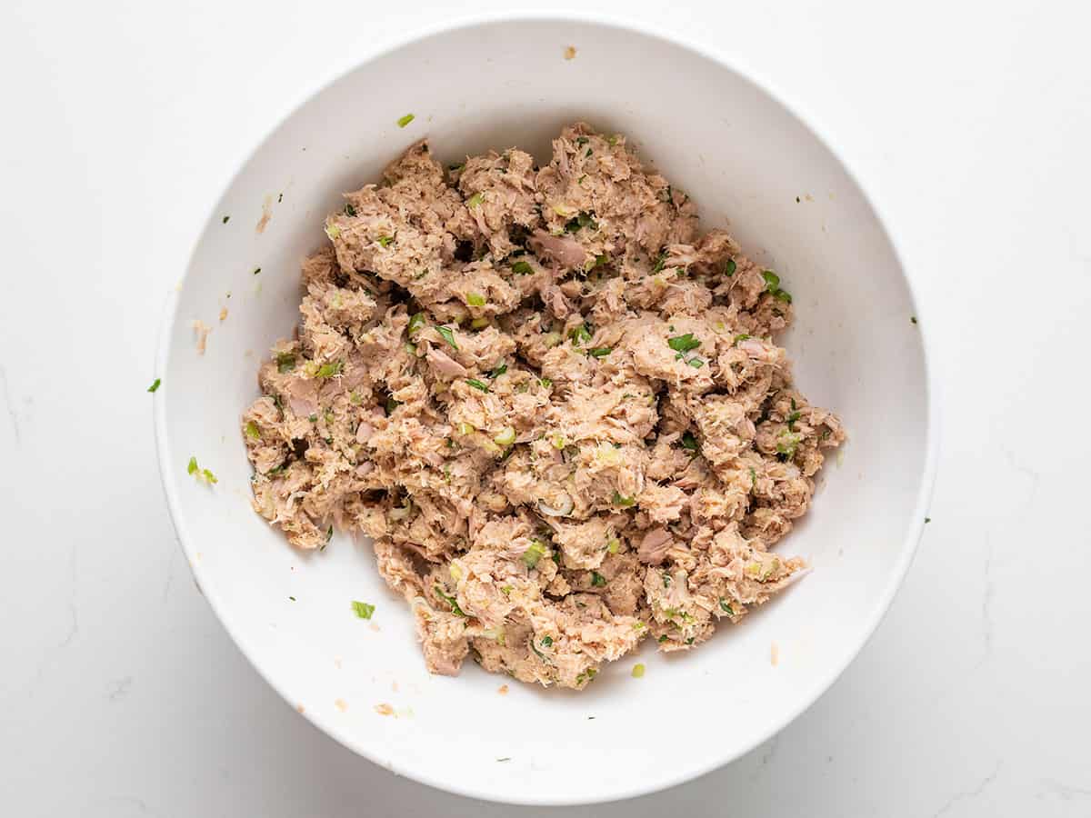 tuna patty mixture combined in the bowl.