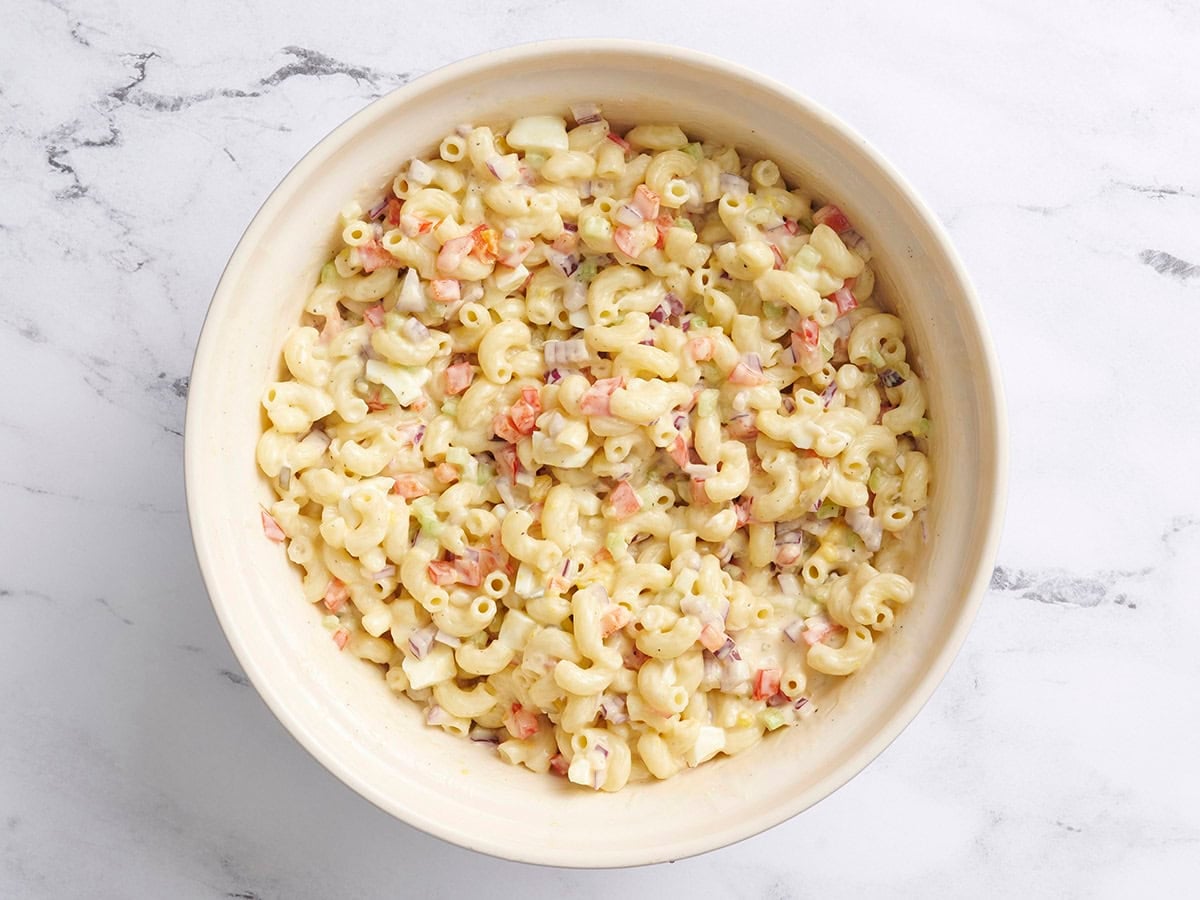 A finished bowl of macaroni salad.