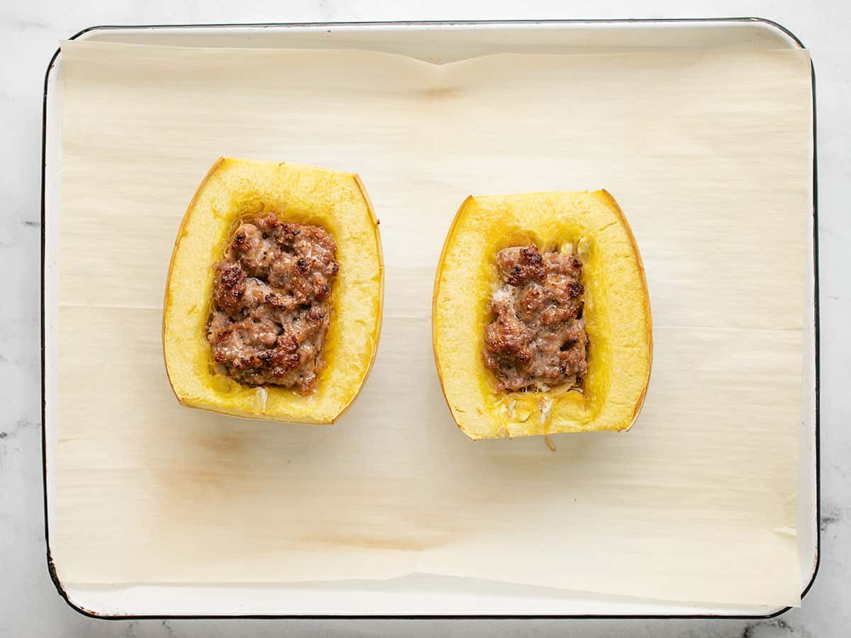Overhead shot of baked stuffed spaghetti squash.
