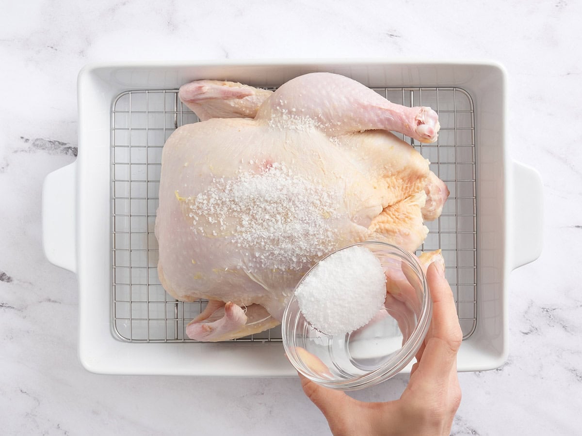 A whole chicken being topped with a dry brine.
