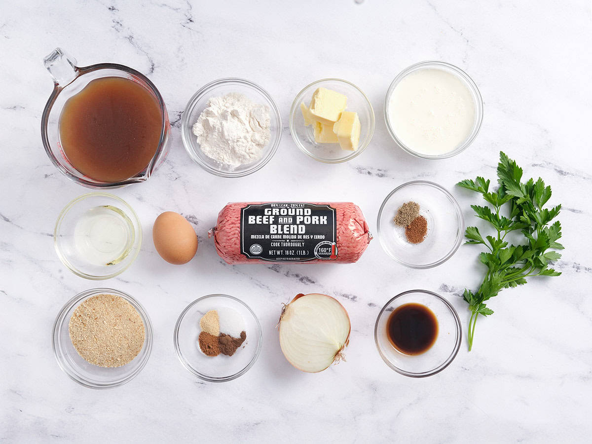 The ingredients to make Swedish meatballs.