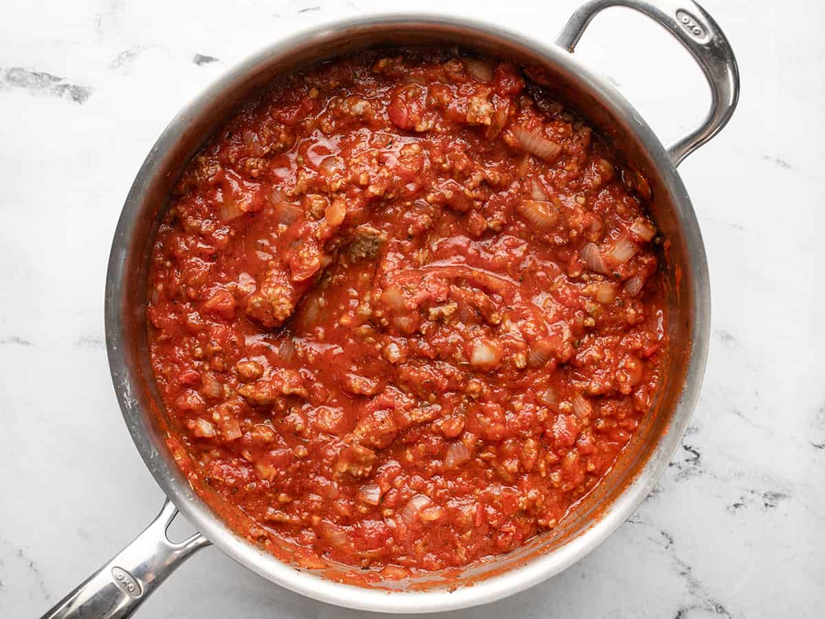 Finished meat sauce in the skillet.