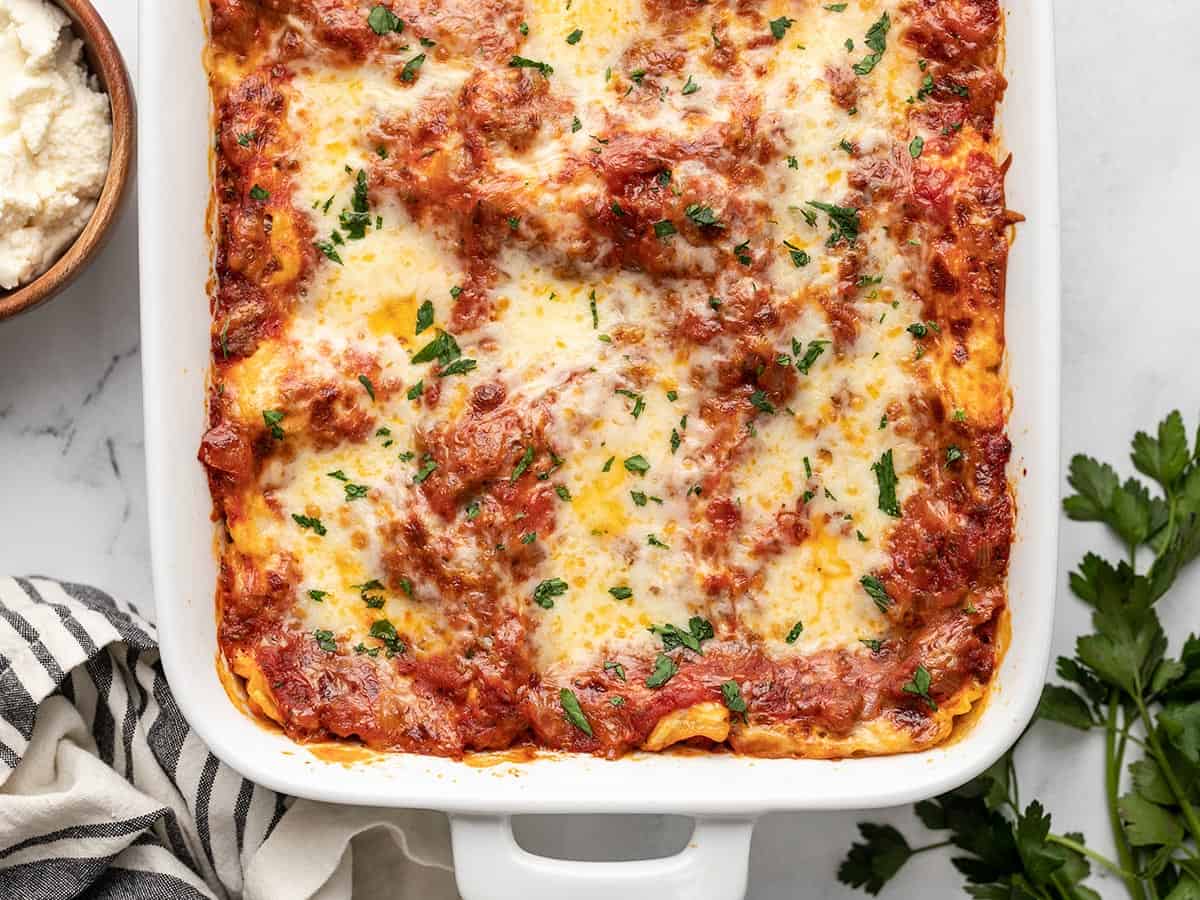 Overhead view of a pan full of homemade lasagna