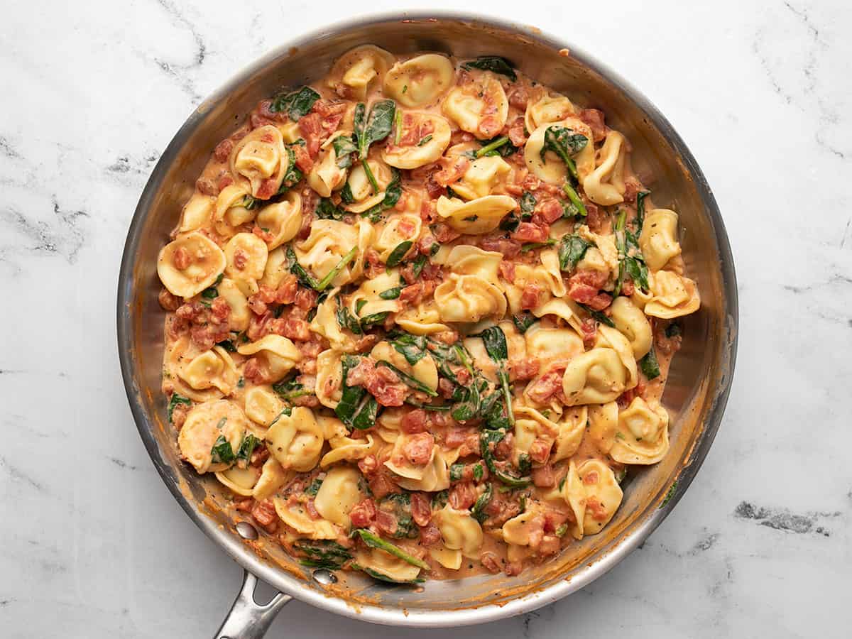 Finished spinach tortellini skillet.