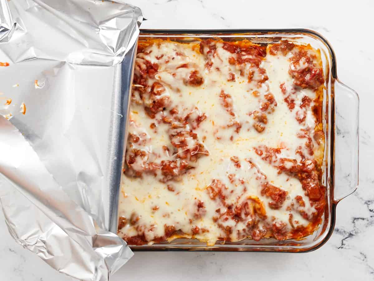 Baked ravioli with foil.