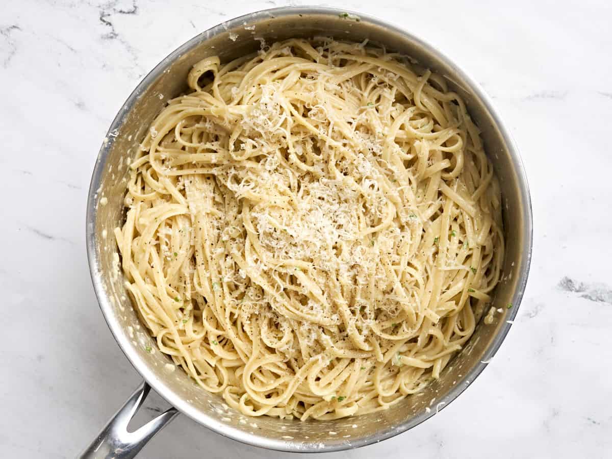 Traditional Fettuccine alfredo in a skillet.