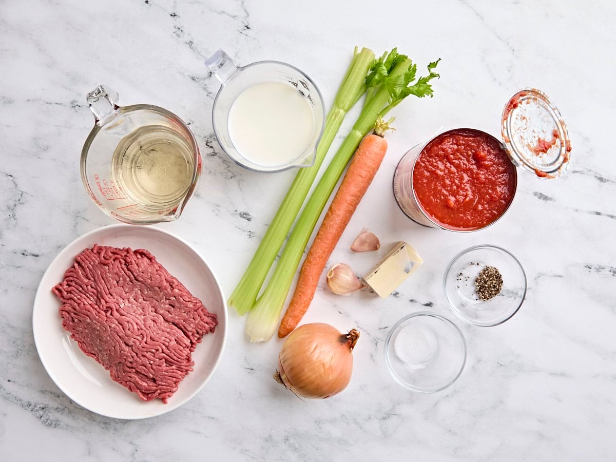 The ingredients to make a homemade Bolognese sauce.