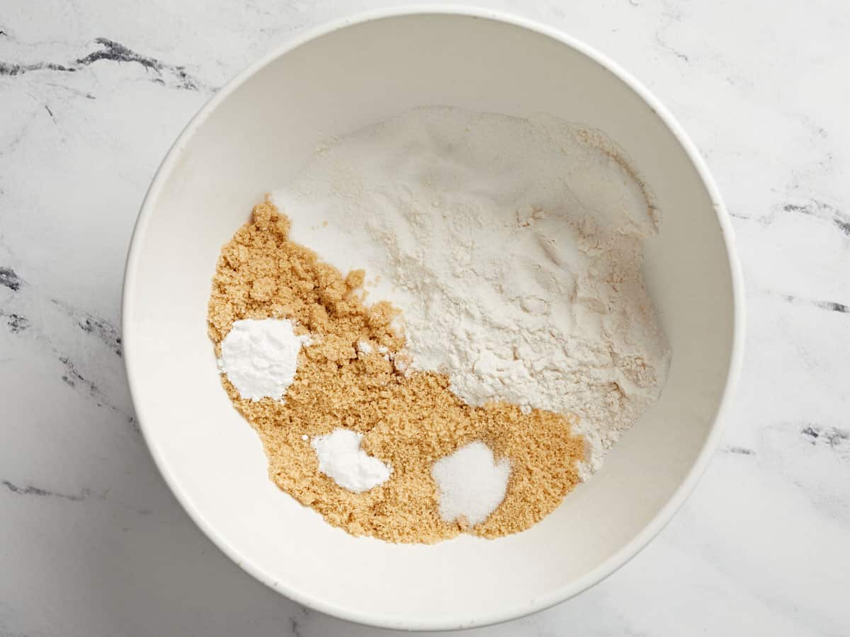 Dry ingredients for the cake batter in a bowl.