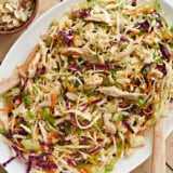 Overhead view of ramen noodle salad on an oval serving platter.