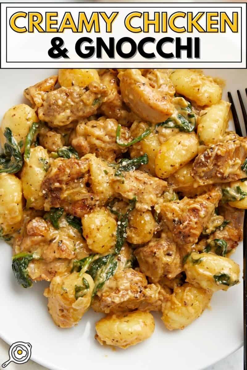 Overhead shot of Creamy Chicken and Gnocchi in a white bowl with a black fork in it.