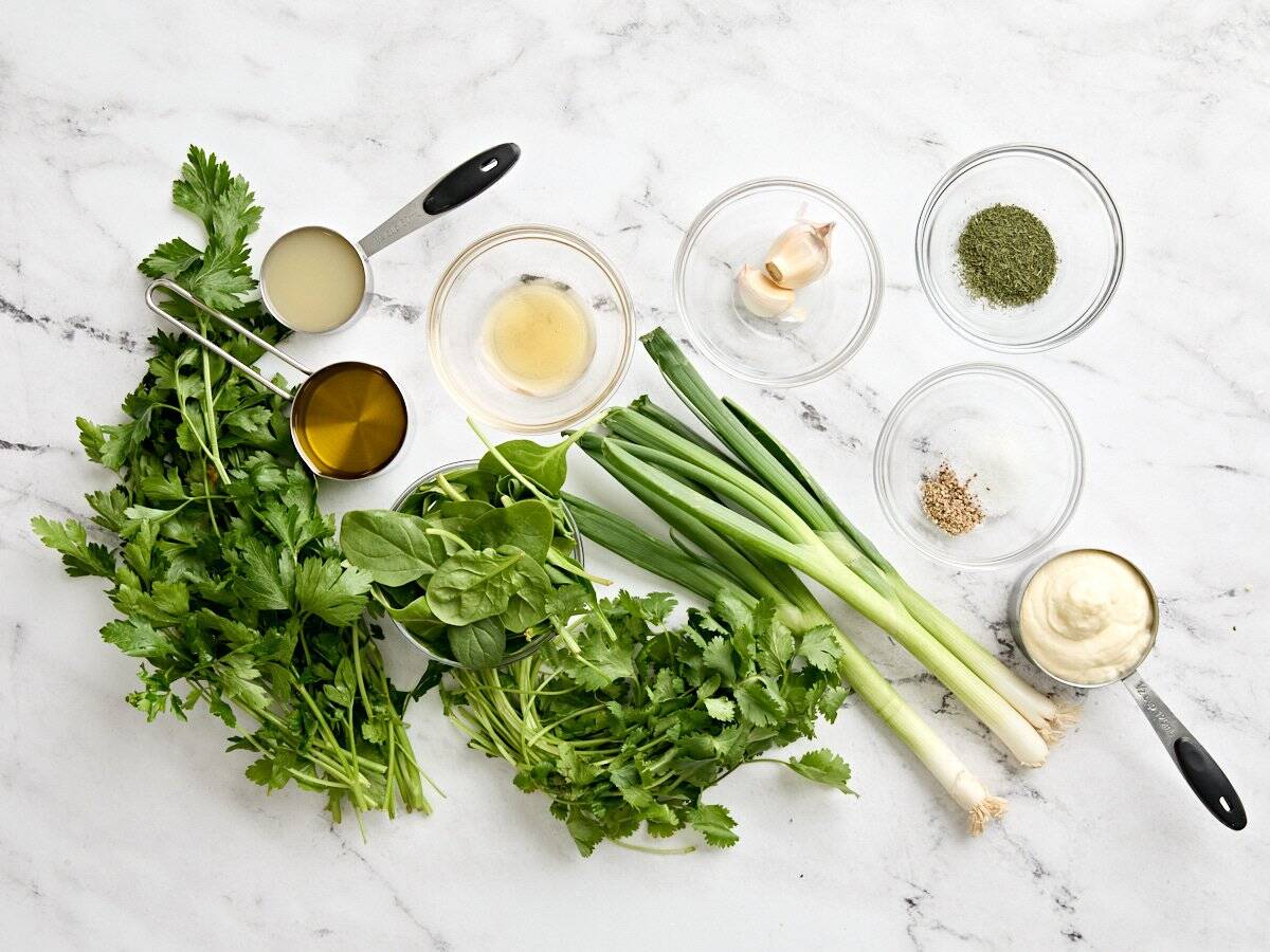 The ingredients for green goddess salad dressing.